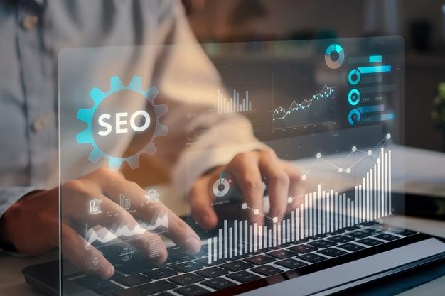 SEO concetto di ottimizzazione dei motori di ricerca uomo d'affari tocca AI