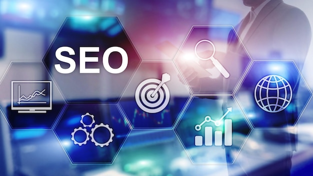 SEO Ottimizzazione per i motori di ricerca Concetto di marketing digitale e tecnologia Internet su sfondo sfocato