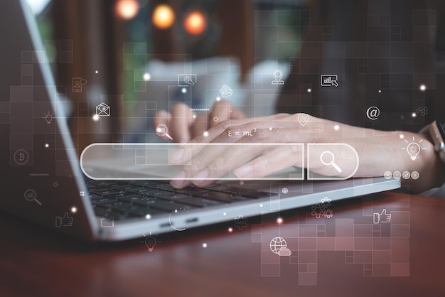 seo search engine optimization browsing internet data concept business woman hands typing laptop computer keyboard searching online information content