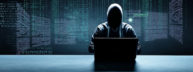 Seorang peretas mengetik kode pada papan ketik laptop untuk masuk ke dunia maya