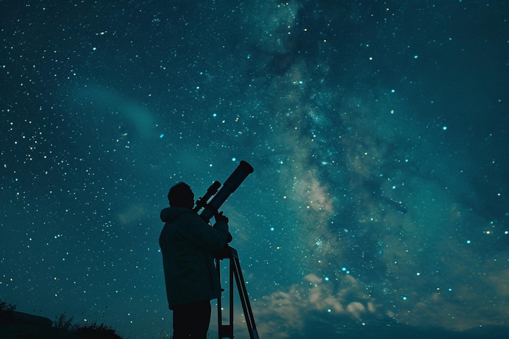 Photo seorang pria melihat bintang-bintang dengan teleskop