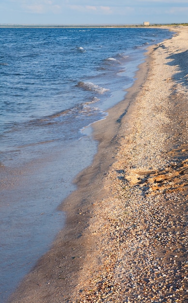 Sera spiaggia sabbiosa del mare di estate (Crimea, Ucraina)