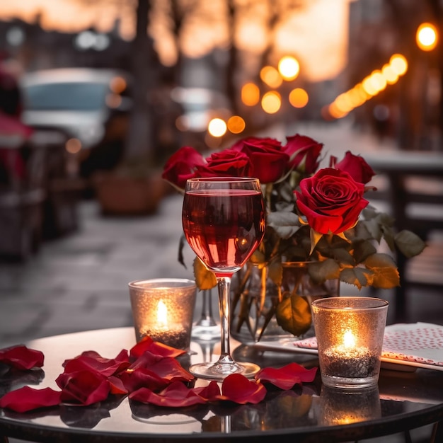 serata romantica bicchiere di vino e rose sul tavolo nella strada del caffè al tramonto
