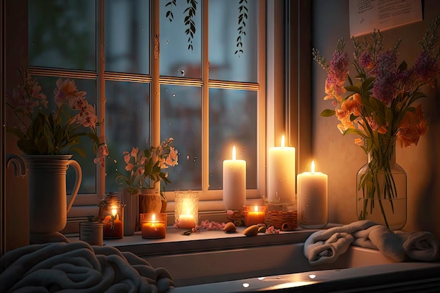 Serata romantica in bagno con candele e fiori sul davanzale creato con intelligenza artificiale generativa