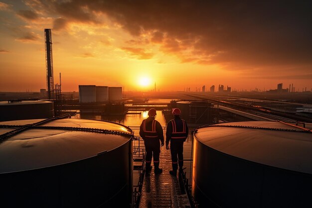 Serbatoi con lavoratori petroliferi al tramonto in uniforme e caschi ingegneristici che sovrintendono alle operazioni