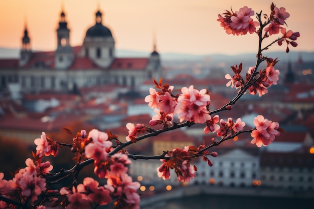 Serena alba negli alberi di mandorle di Praga illuminati dal sole mattutino con fiori rosa