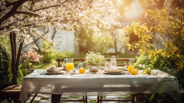 Serena Ambiance Tavola primaverile con alberi in fiore sullo sfondo sfocato