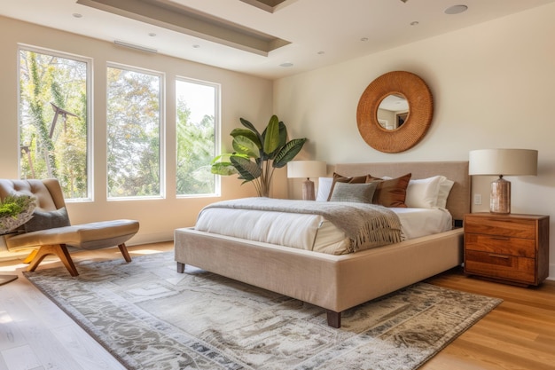 Serena camera da letto minimalista in tonalità pesca Composizione degli interni in una casa di lusso