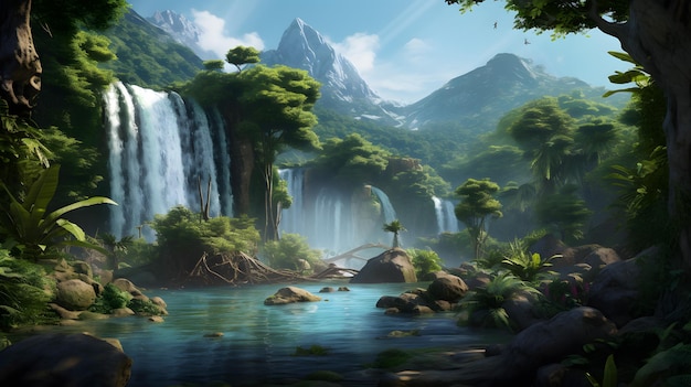 Serena cascata in cascata attraverso la giungla lussureggiante con maestose rocce e alberi torreggianti Generativa AI