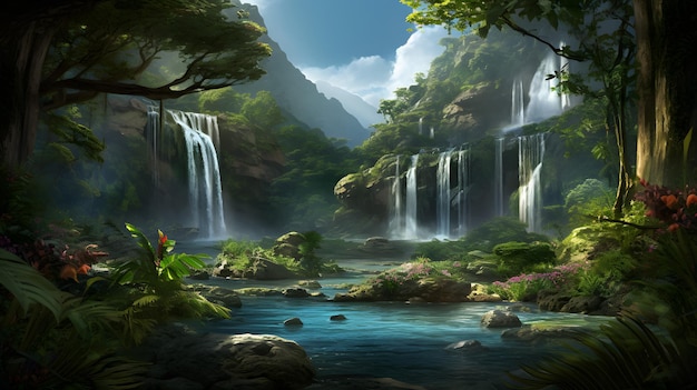 Serena e maestosa cascata in una lussureggiante giungla tropicale con un'AI generativa del fiume Serpentine