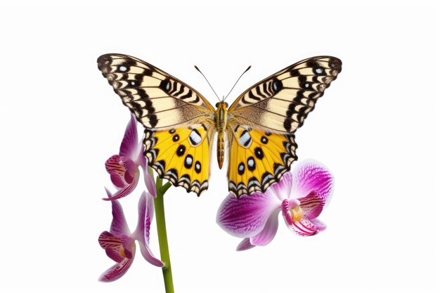 Serena farfalla sui petali di un'orchidea isolata su uno sfondo bianco