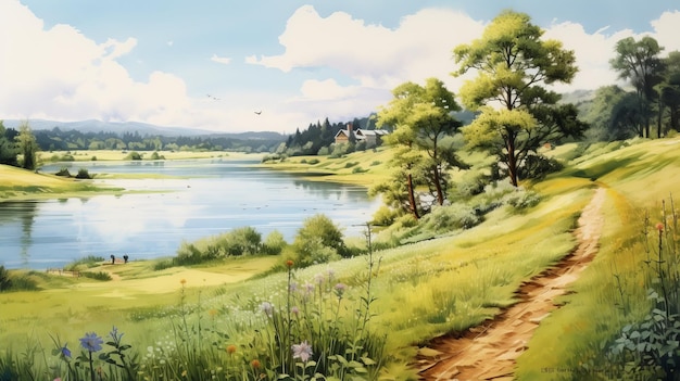 Serena giornata estiva Vray Style Pathway Painting con Park Lake Field e River