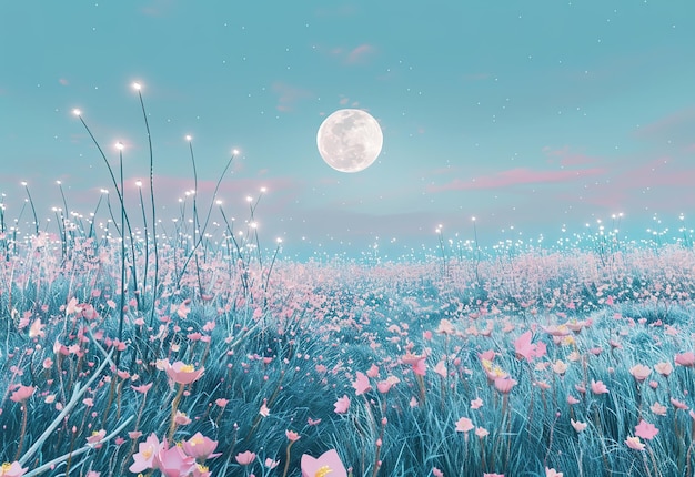 Serena luna al tramonto sopra le piante in fiore