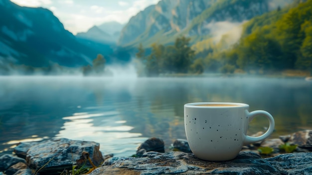 Serena mattina del lago di montagna con una tazza di caffè caldo sulle rocce e un paesaggio nebbioso sullo sfondo