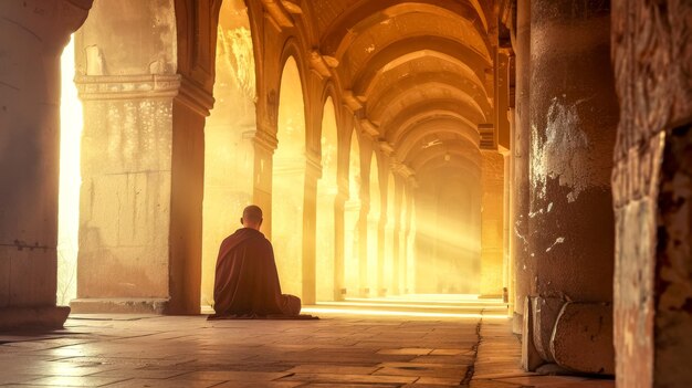 Serena meditazione del monaco nel corridoio del tempio illuminato dal sole