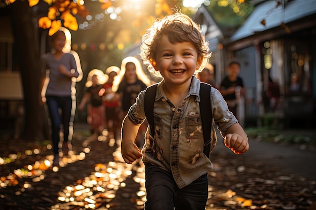 Serena Neighbourhood I bambini giocano e i vicini parlano per strada IA generativa