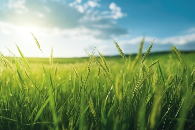 Serena paesaggio primaverile con campo verde e cielo blu