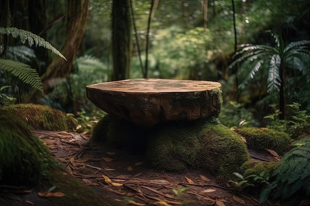 Serena panchina ricoperta di muschio in mezzo a una foresta lussureggiante IA generativa
