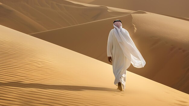 Serena passeggiata nel deserto uomo arabo in abito bianco passeggiando da solo in mezzo a sabbie immacolate al crepuscolo