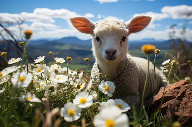 Serena pecora dorata in mezzo a farfalle e fiori circondata da montagne generative IA