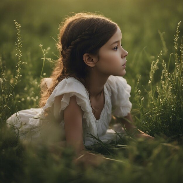 Serena Piccola Ragazza che si gode la Natura39s Bellezza seduta soddisfatta in un campo verde lussureggiante