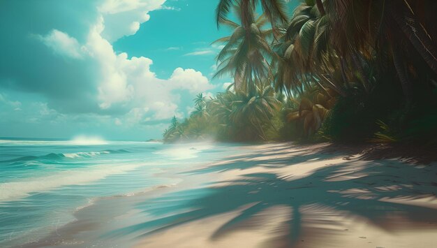 Serena spiaggia tropicale paradiso con palme lussureggianti e sabbia affondata ideale per viaggi e svago temi pacifica destinazione di fuga esotica AI