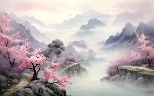Serena valle cinese abbracciata da montagne nebbiose pittura cinese illustrazione