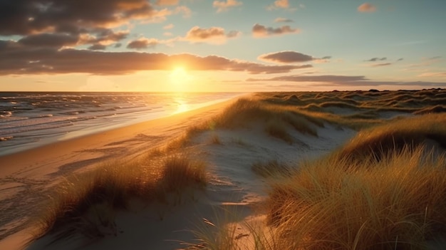 Serena vista panoramica di una spiaggia di dune durante il tramonto
