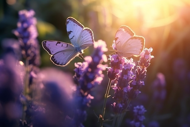 Serenata estiva Due farfalle lilla sui fiori di lavanda nei raggi del sole