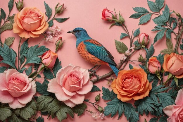 Serenata floreale IA generativa Sinfonia multicolore con uccelli e rose