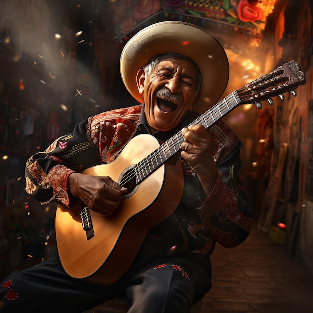 Serenata piena di sentimento Uomo messicano che canta e suona la chitarra