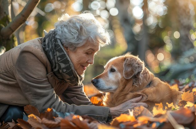 Serene Autumn Moments Signora anziana e il suo leale cane in armonia AI generativa