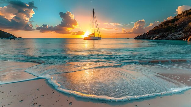 Serene Beach Sunset con una singola barca a vela all'orizzonte Pacevole ambiente naturale Ideale per viaggi e vacanze Temi tranquilli Oceano Fotografia AI