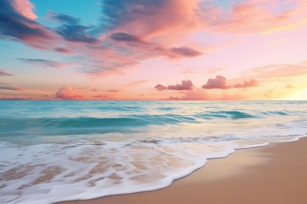 Serene Dawn Seagulls volando su una spiaggia radiante all'alba Generative AI
