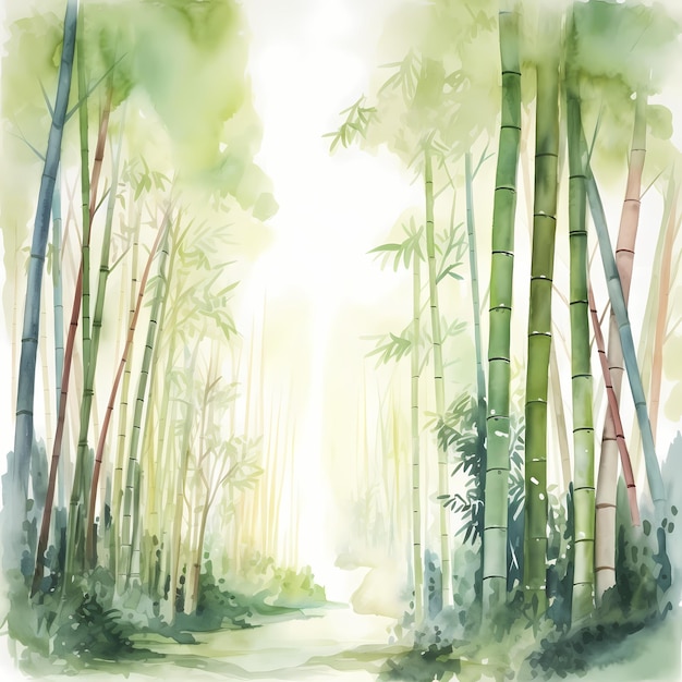 Serene Green Bamboo Forest Path Acquerello Paesaggio Pittura Rilassante Natura Orientale Arte