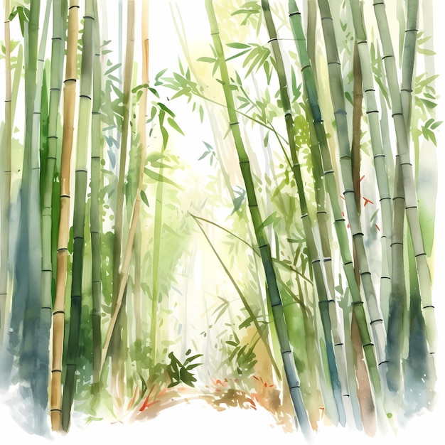 Serene Green Bamboo Forest Path Acquerello Paesaggio Pittura Rilassante Natura Orientale Arte