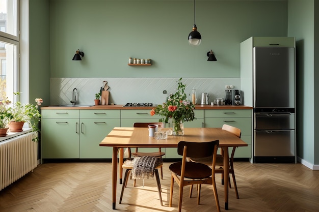 Serene Kitchen Oasis Sage Green Wall Accenti in legno in morbida luce naturale