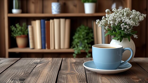 Serene Morning Coffee e Blooms by Wooden Bookshelf (Caffè mattutino sereno e fiori accanto a una libreria di legno)