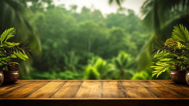 Serene Nature Vibes Piante lussureggianti in vaso su tavola di legno tra incantevoli paesaggi forestali IA generativa