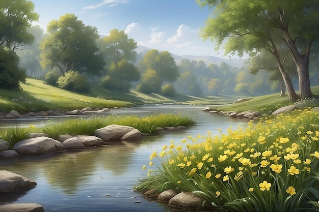 Serene Riverside Buttercup Flowers illustrato da Tranquil Stream