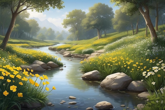 Serene Riverside Buttercup Flowers illustrato da Tranquil Stream