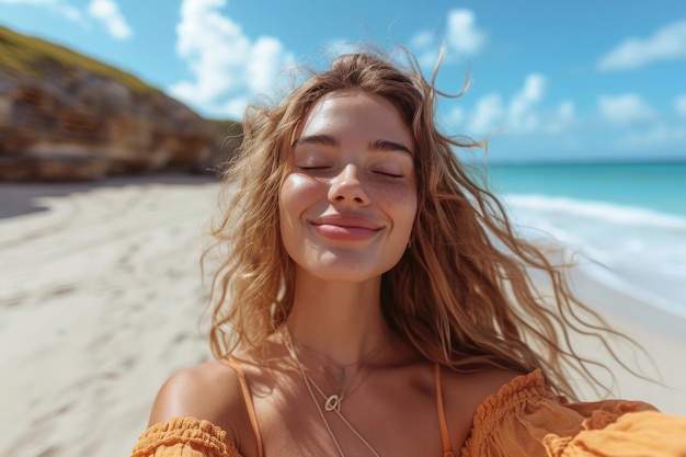 Serene SelfPortrait by the Azure Sea Embracing Sunlit Bliss Generato con l'AI