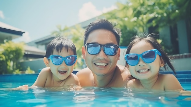 Serene Summer Bliss Famiglia asiatica si diverte in un rinfrescante ritiro in piscina