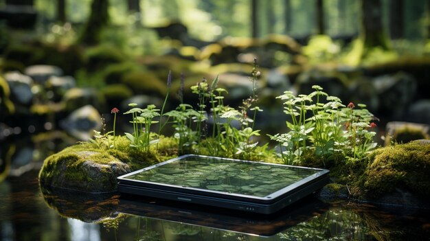 Serene tablet Mockup In Tranquil Forest Clearing Wallpaper