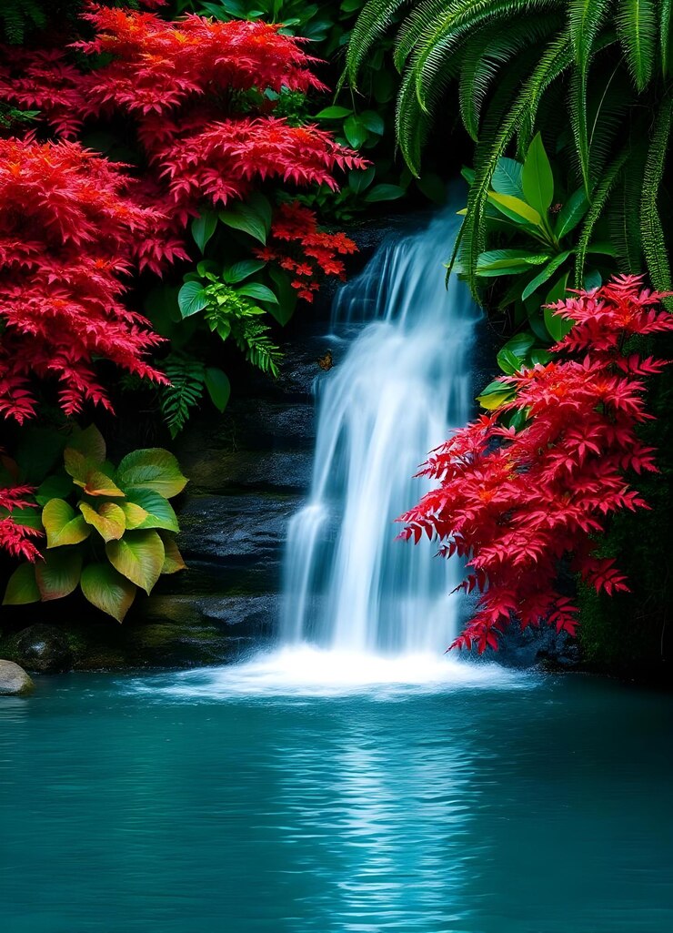 Serene Tropical Waterfall in Autumn Forest