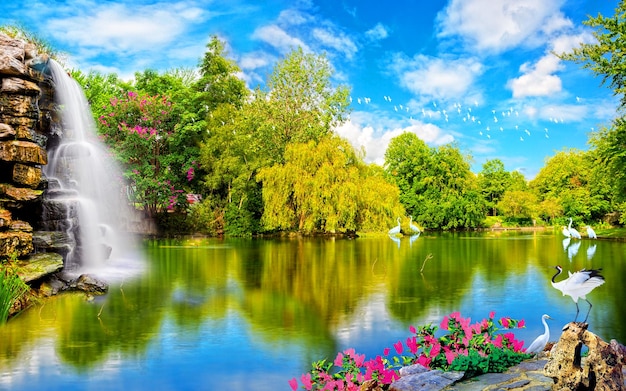 serene waterfall lake scene