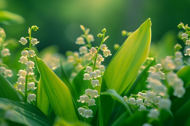 Sereni fiori di giglio primaverile con foglie verdi lussureggianti alla luce del sole