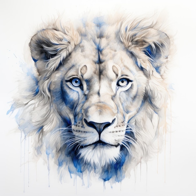 Serenità accattivante Il volto di un leone gentile in uno schizzo morbido con occhi azzurri su una tela bianca