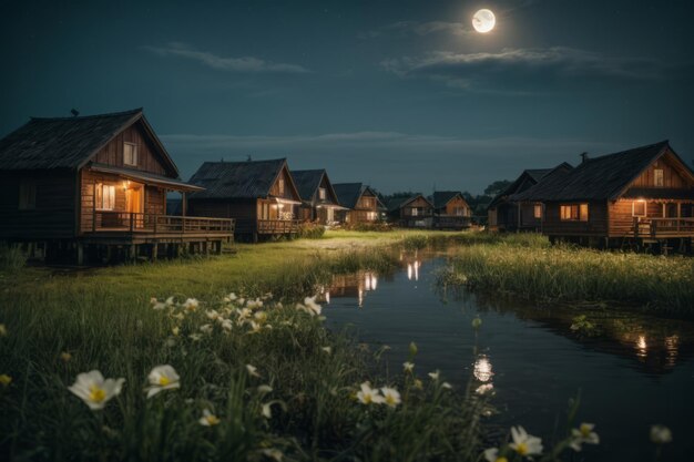 Serenità al chiaro di luna Pittoresche case paludose tra fiori e bagliore lunare