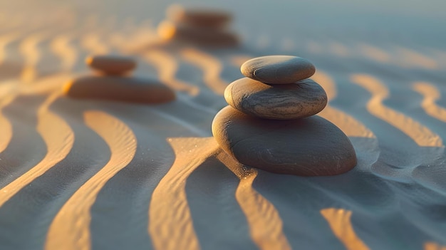 Serenità al tramonto pile di ciottoli sulla spiaggia sabbiosa sfondo calmo concetto di consapevolezza scena naturale tranquilla catturata al crepuscolo AI